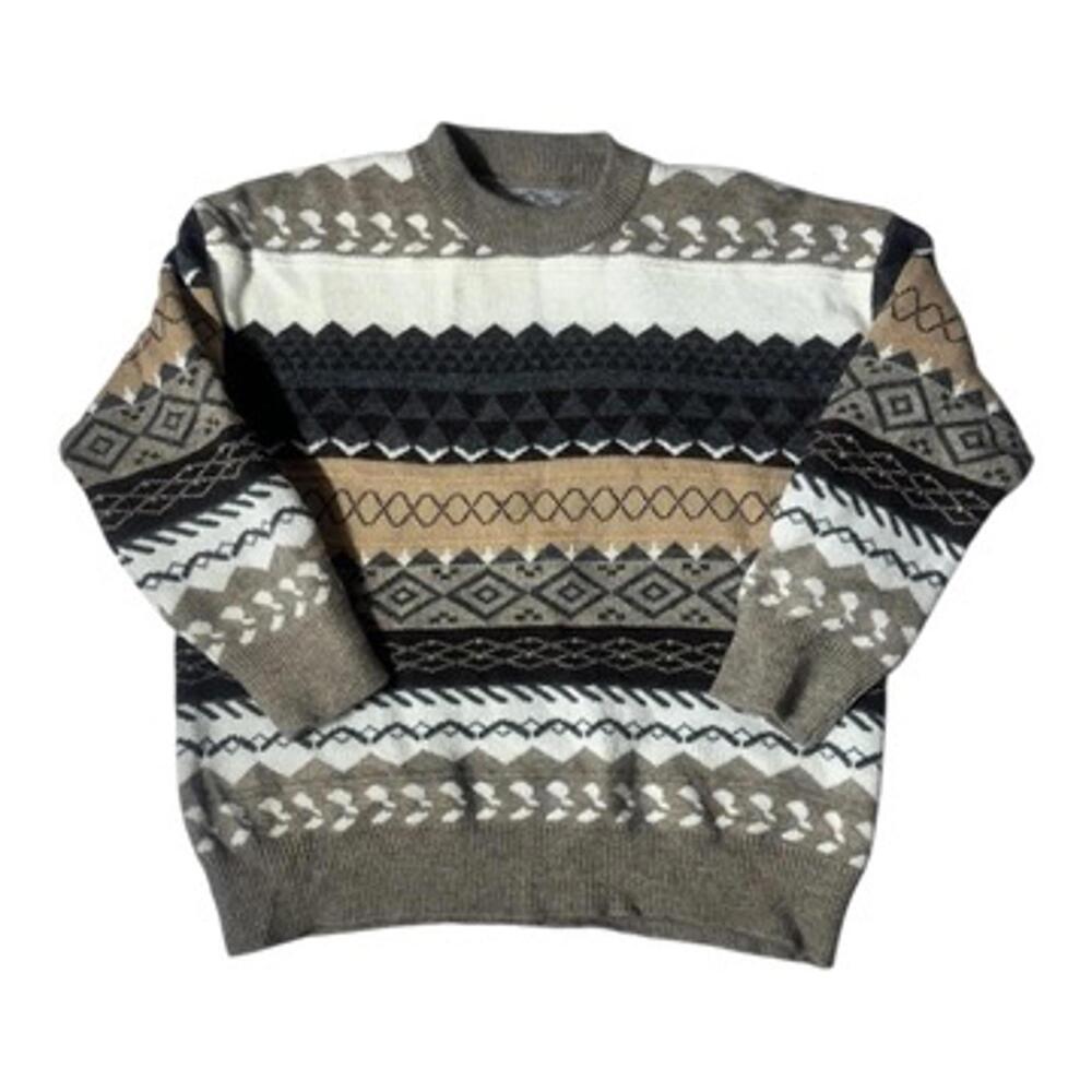 Cozy Knit Fair Isle Pullover Neutral Sweater Size Large